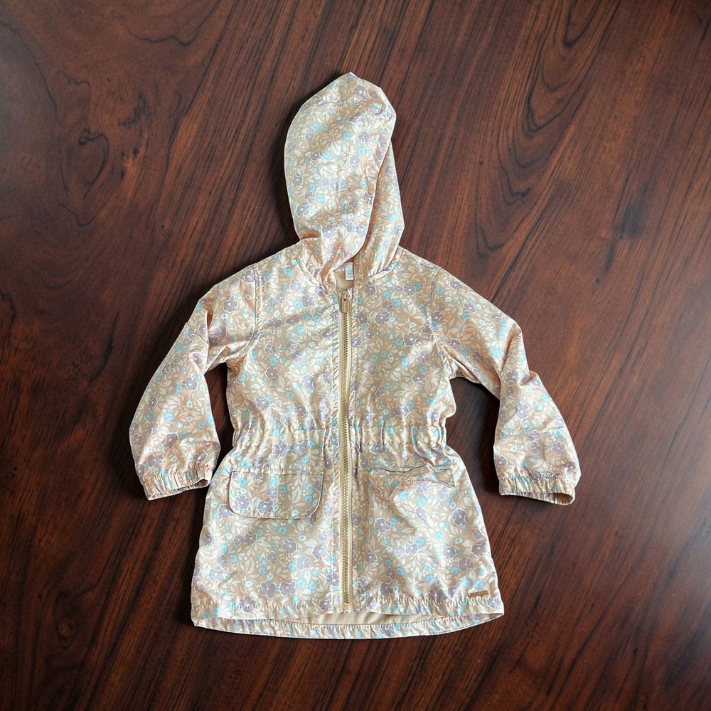 Tahari Girl Floral Hooded Windbreaker Jacket Peach 3T Full Zip